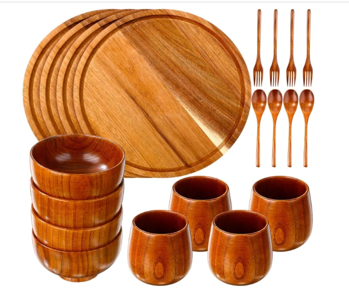 20 Pcs Acacia Wood Dinnerware Set 11.6 Inch Round Wooden Plates Bowls Tea Cups