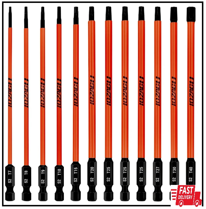12Pcs Long Torx Bit Set 6-Inch (152mm), T7 To T40, Magnetic Security Tamper Star