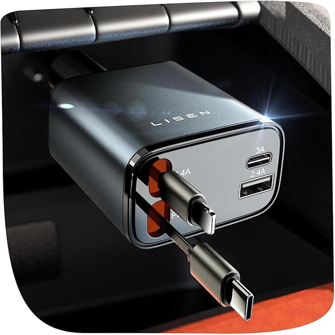 LISEN Retractable Car Charger, 84W Car Charger USB C Fast Charger