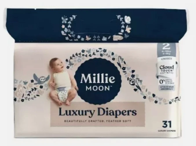 New Natural Millie Moon Disposable Diapers (31 Ct) Cloud Touch Softness Size 2