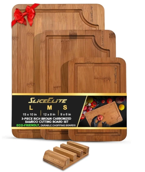 SliceElite Rich Brown Carbonized Bamboo Cutting Board Set 3 Piece with Stand