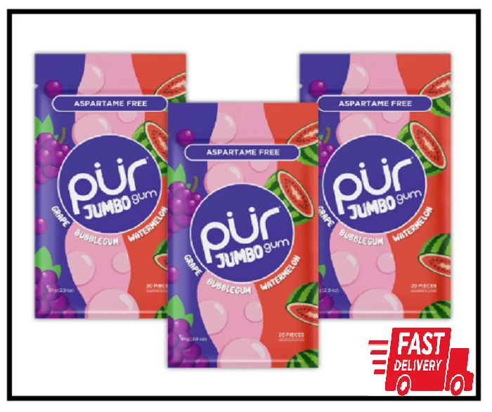 Share PUR Chewing Gum Natural Bubblegum, Grap, Watermelon Flavor, 20 Pieces (Pack of3)